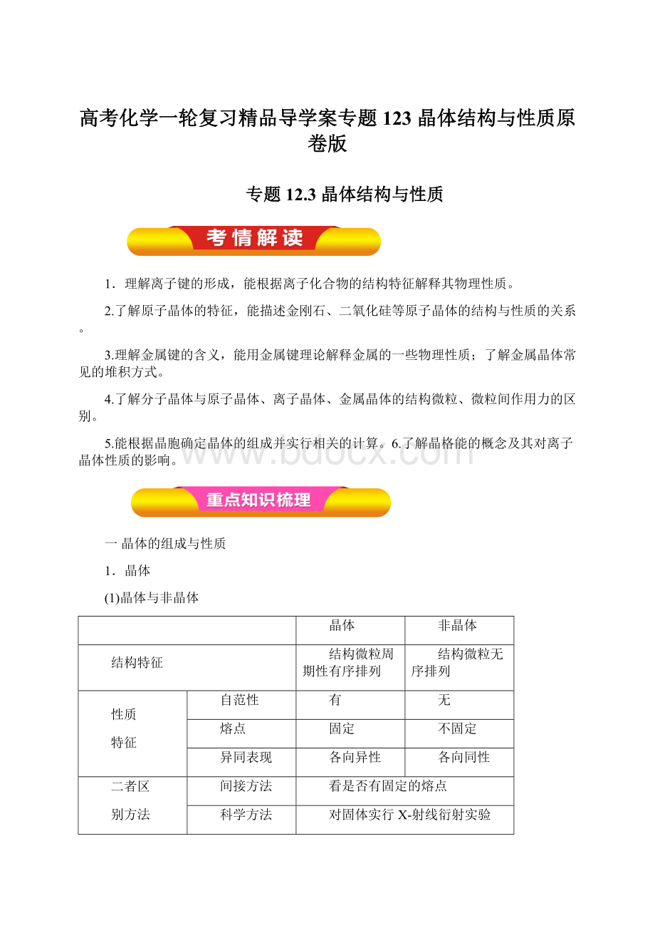 高考化学一轮复习精品导学案专题123 晶体结构与性质原卷版.docx