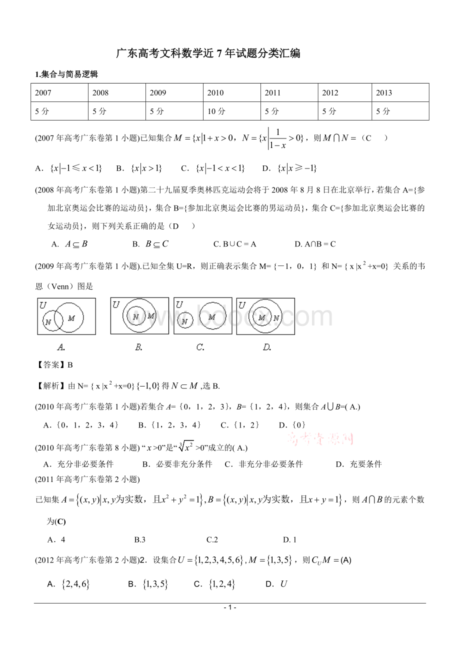 广东高考文科数学试题分类汇总含答案.doc_第1页