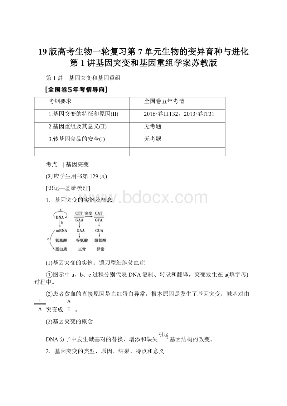 19版高考生物一轮复习第7单元生物的变异育种与进化第1讲基因突变和基因重组学案苏教版Word文档下载推荐.docx