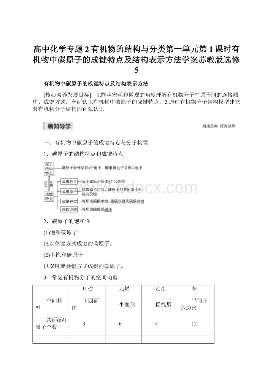 高中化学专题2有机物的结构与分类第一单元第1课时有机物中碳原子的成键特点及结构表示方法学案苏教版选修5.docx_第1页