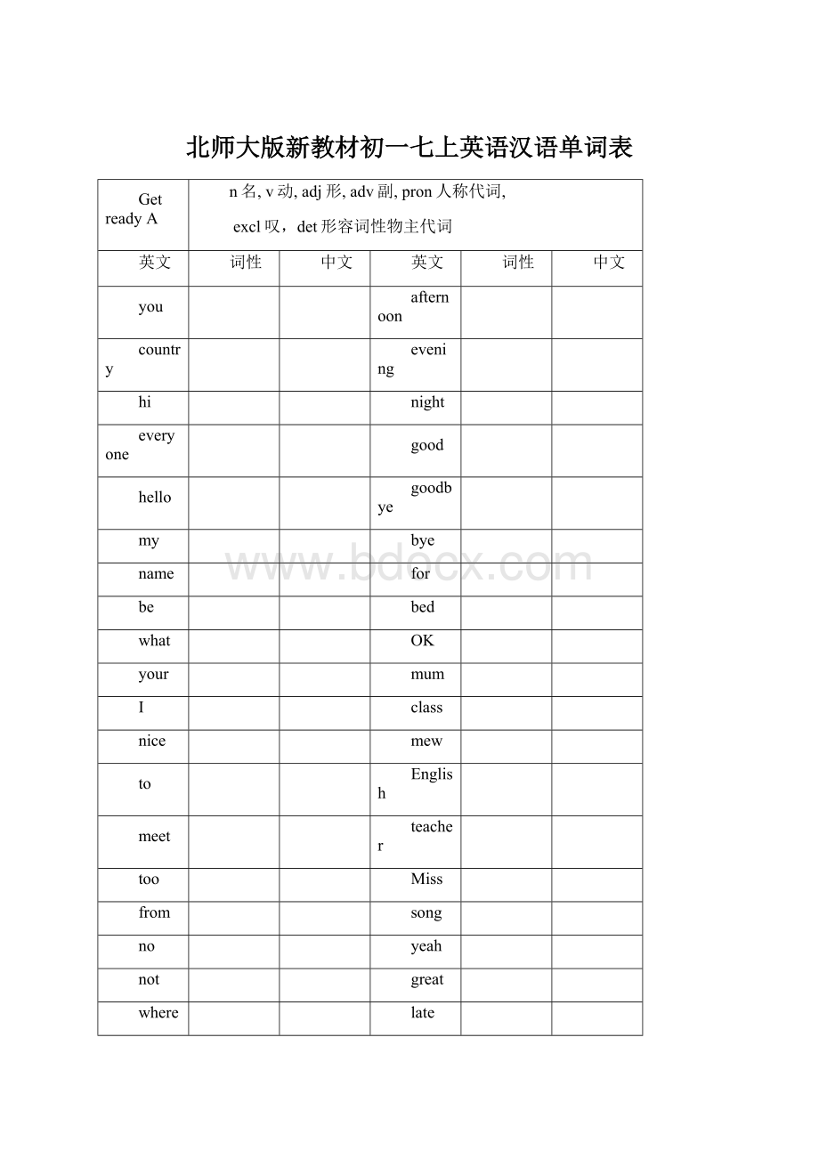 北师大版新教材初一七上英语汉语单词表.docx_第1页