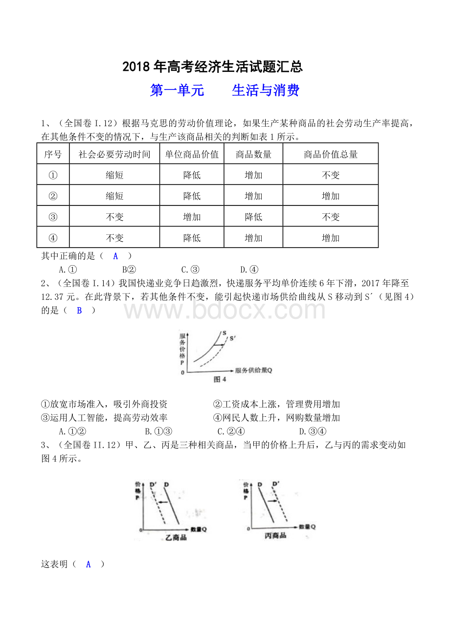 高考经济生活试题汇总文档格式.docx_第1页