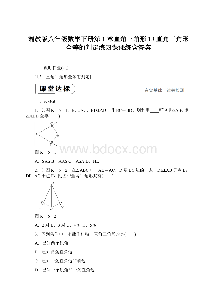 湘教版八年级数学下册第1章直角三角形13直角三角形全等的判定练习课课练含答案.docx