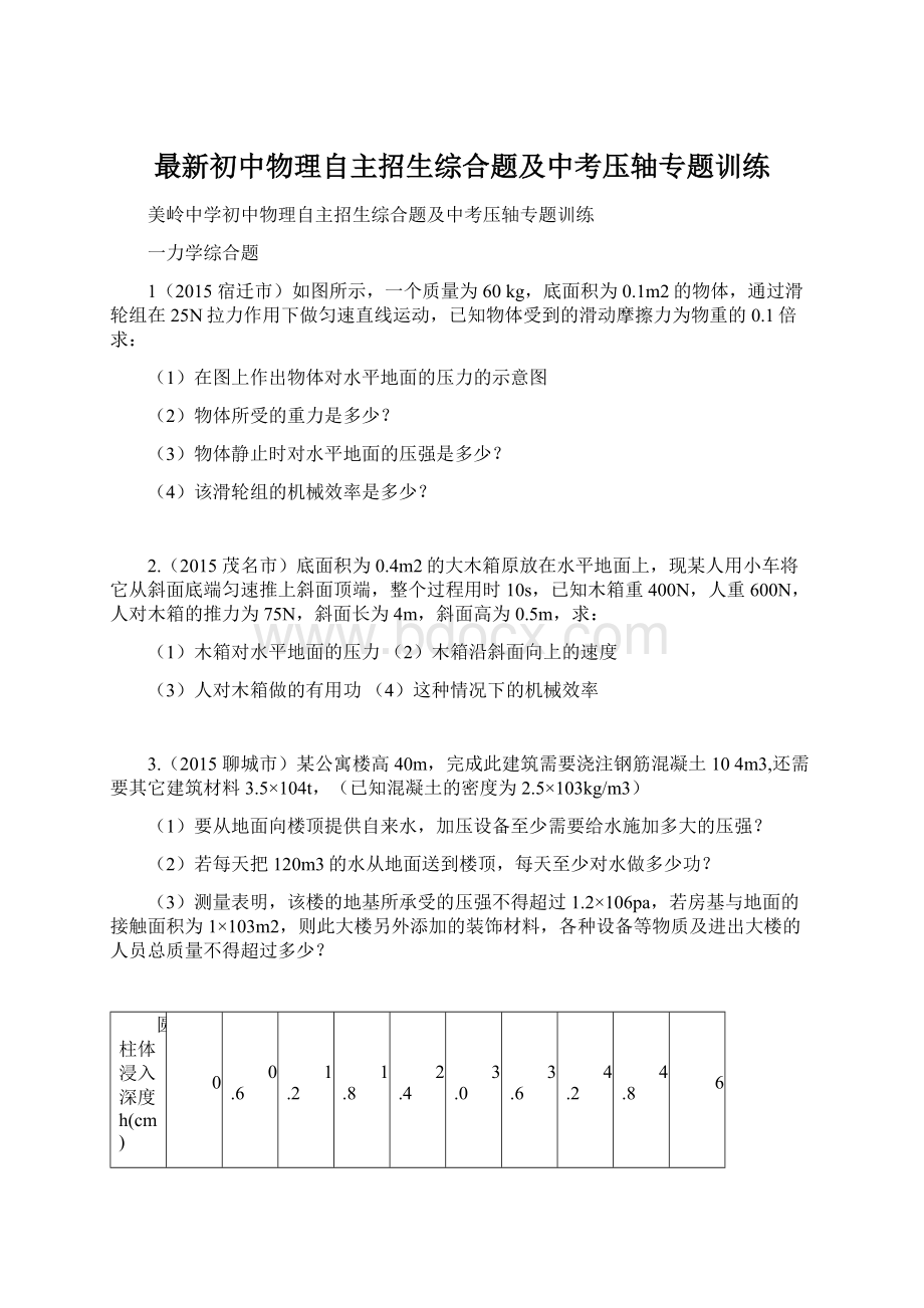 最新初中物理自主招生综合题及中考压轴专题训练.docx_第1页