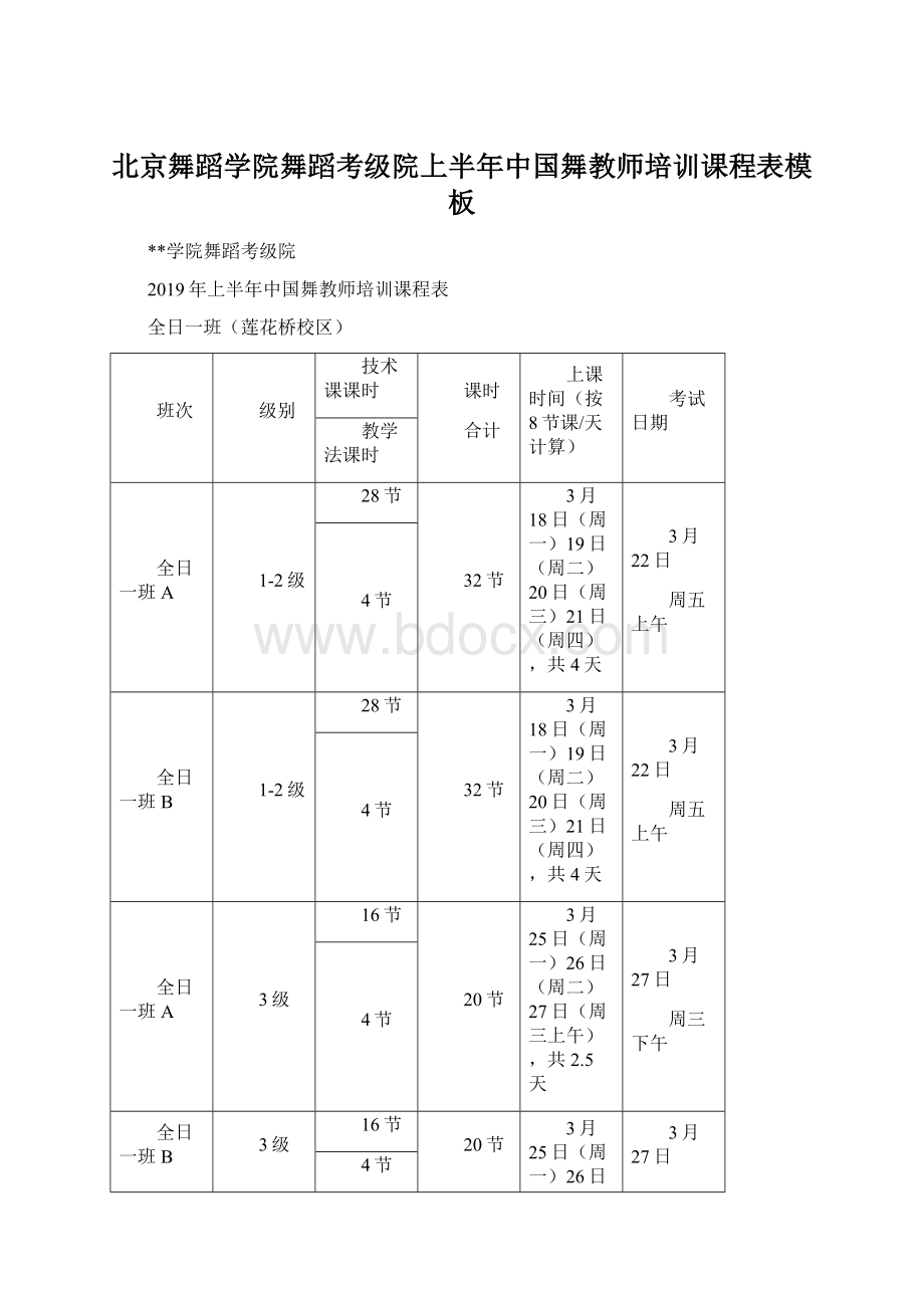 北京舞蹈学院舞蹈考级院上半年中国舞教师培训课程表模板.docx