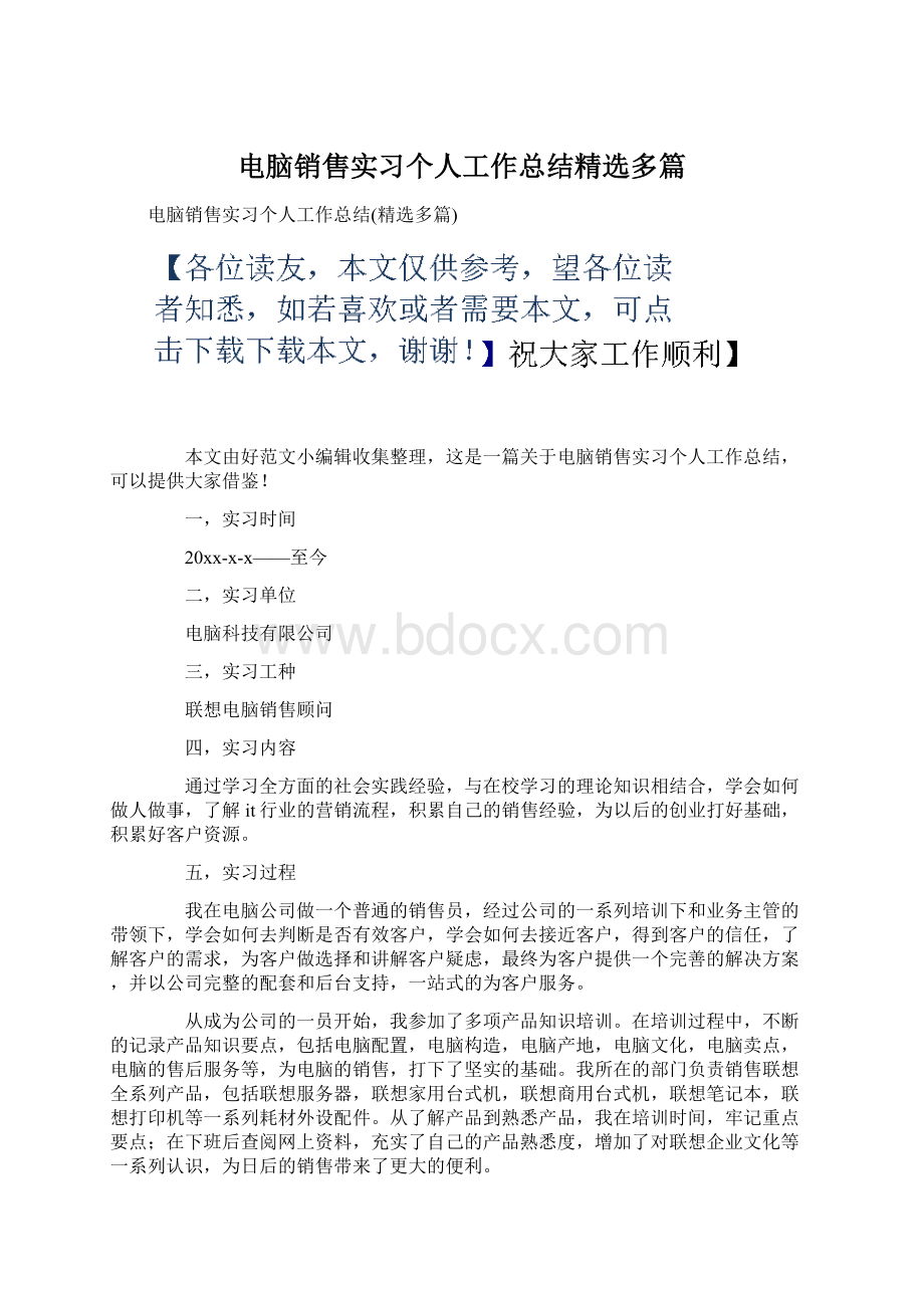 电脑销售实习个人工作总结精选多篇文档格式.docx