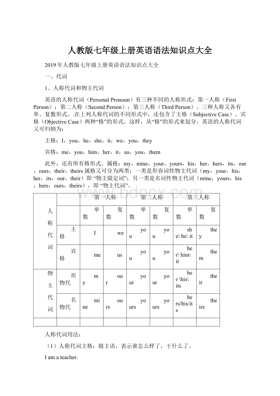 人教版七年级上册英语语法知识点大全.docx