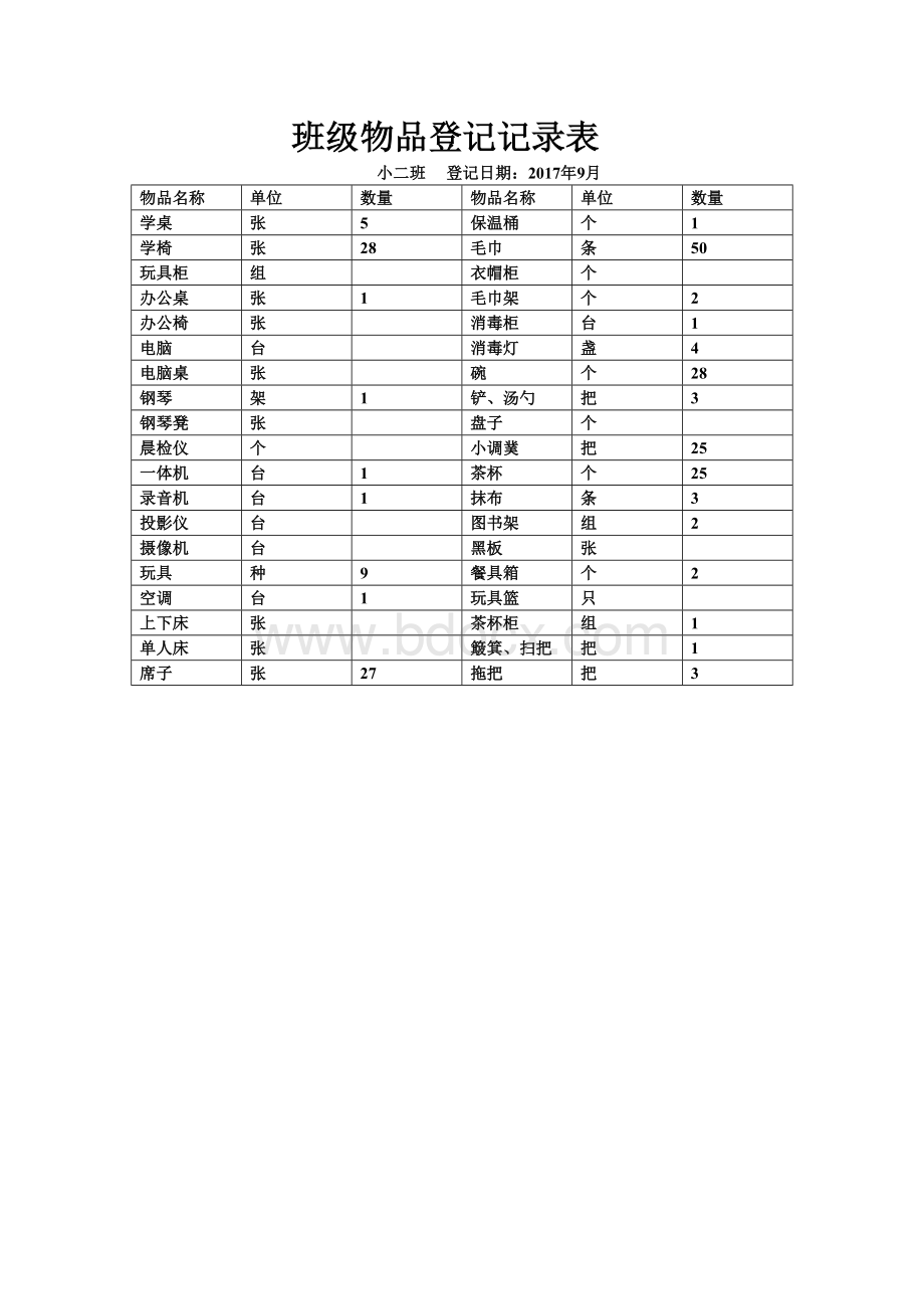 幼儿园班级物品登记表.doc_第1页