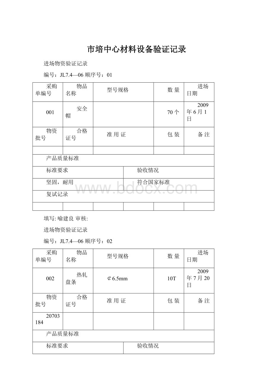 市培中心材料设备验证记录Word格式文档下载.docx_第1页