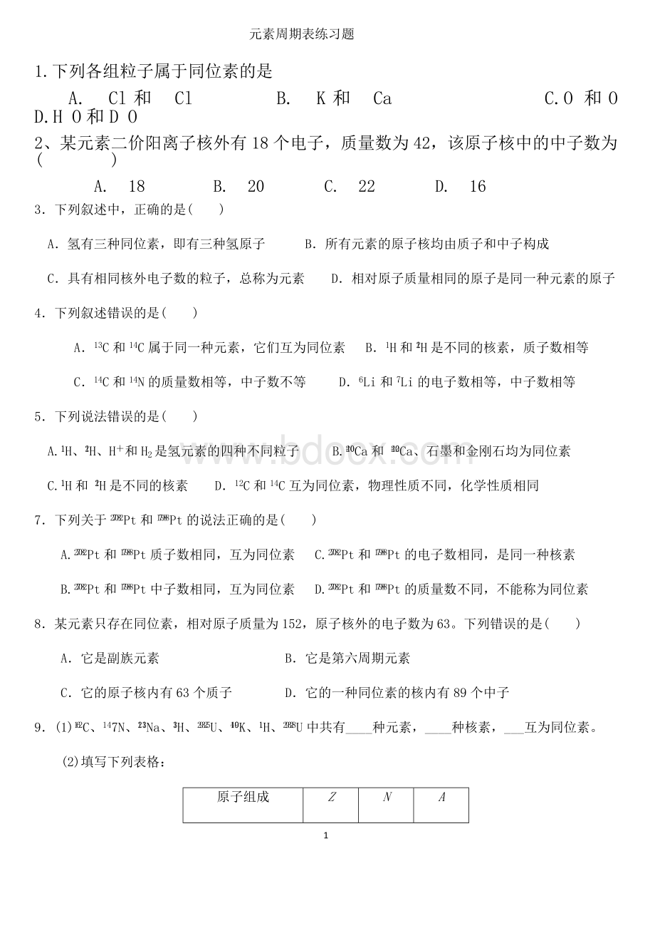 高中化学必修二第一章第一节练习题.docx