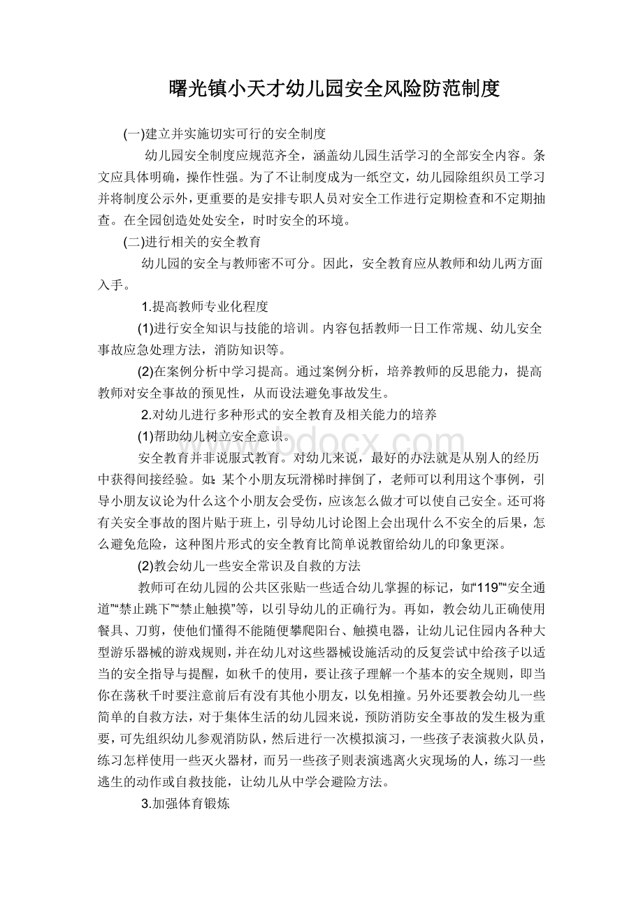 曙光镇小天才幼儿园安全风险防范制度.doc_第1页