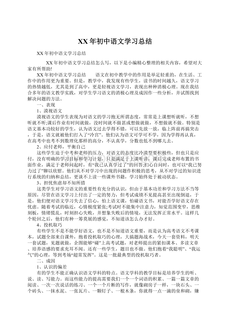 XX年初中语文学习总结Word格式文档下载.docx