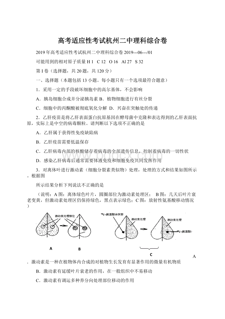 高考适应性考试杭州二中理科综合卷.docx_第1页