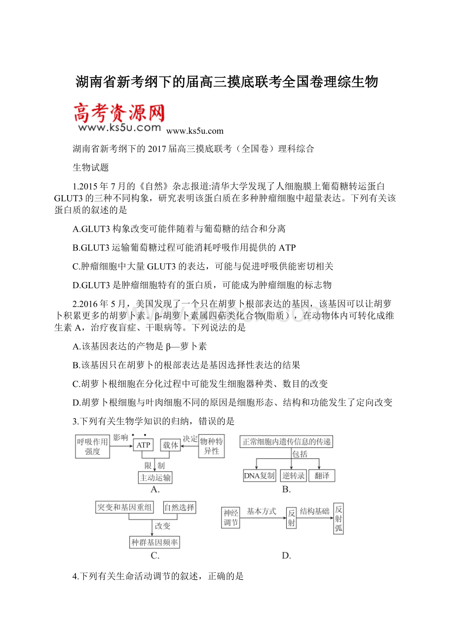 湖南省新考纲下的届高三摸底联考全国卷理综生物.docx_第1页