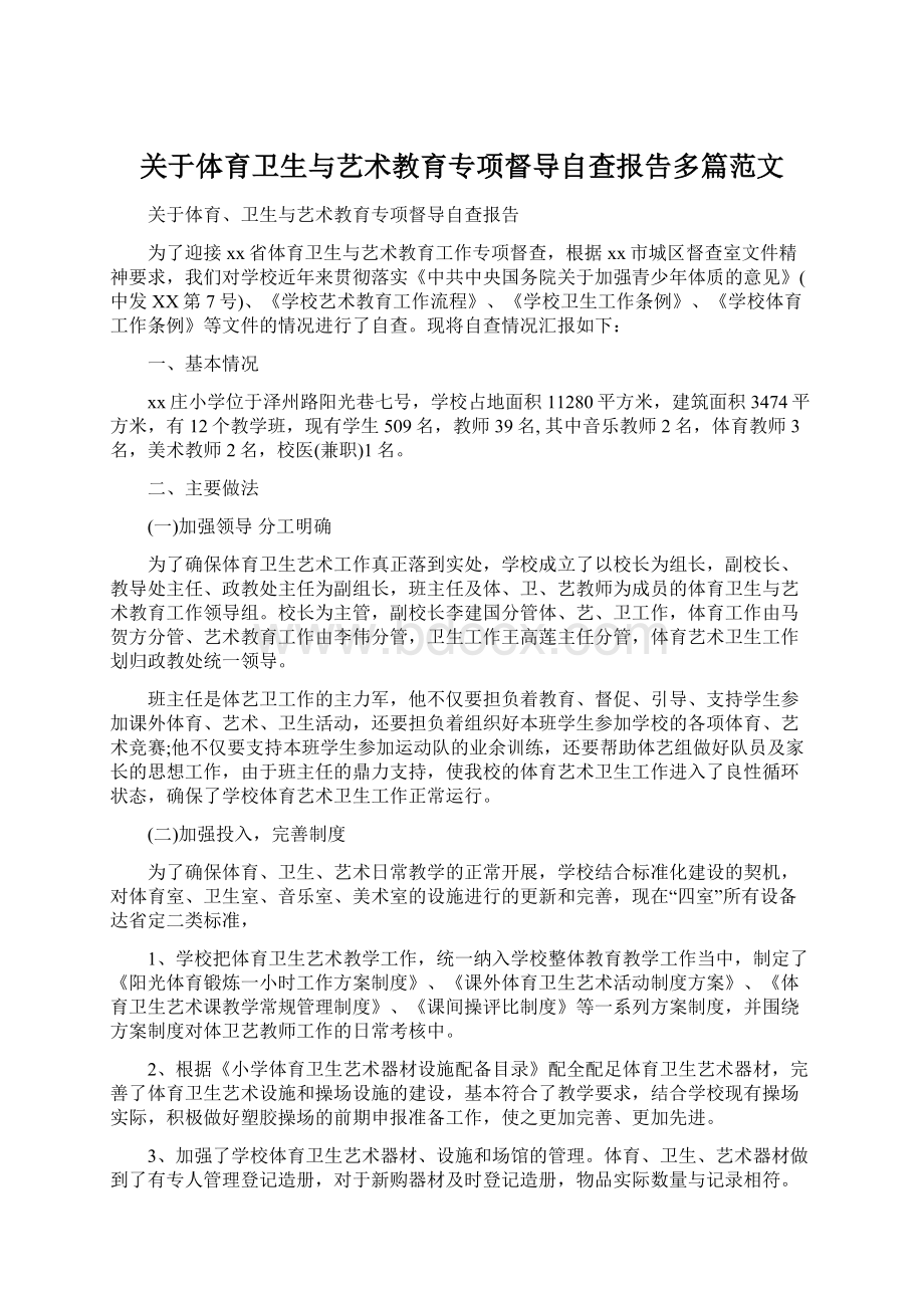 关于体育卫生与艺术教育专项督导自查报告多篇范文Word格式.docx