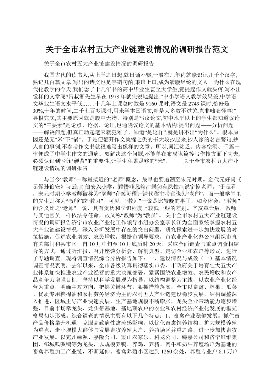 关于全市农村五大产业链建设情况的调研报告范文Word格式文档下载.docx