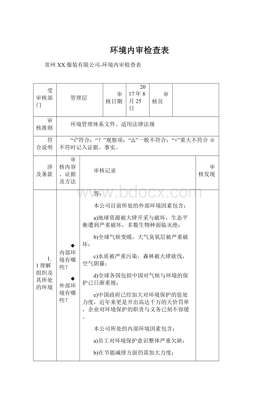 环境内审检查表文档格式.docx