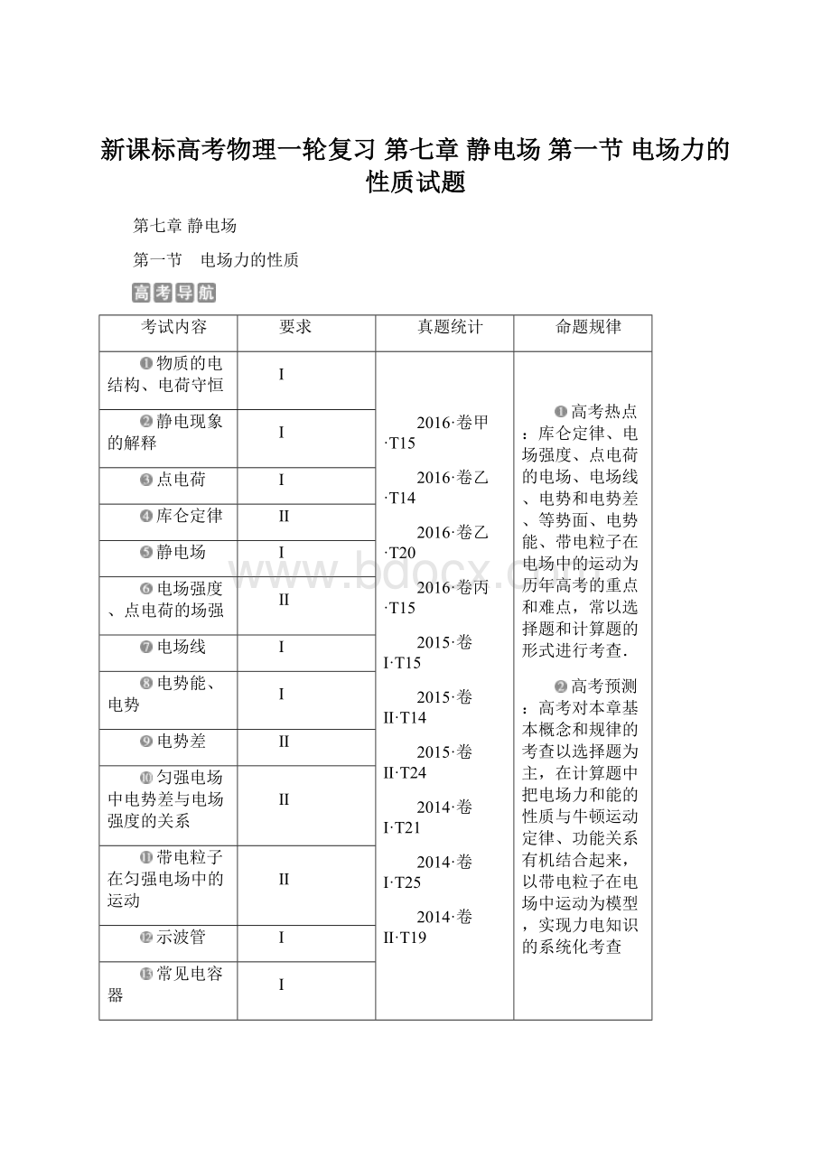 新课标高考物理一轮复习 第七章 静电场 第一节 电场力的性质试题.docx