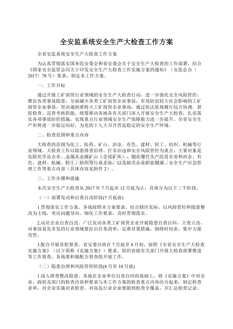 全安监系统安全生产大检查工作方案Word格式文档下载.docx