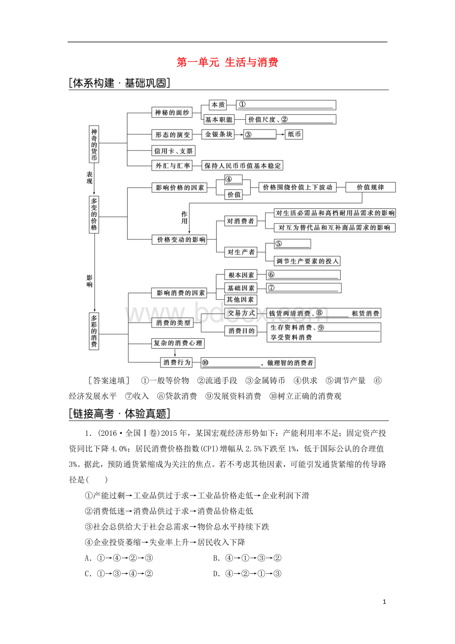 高中政治第一单元生活与消费单元复习课检测新人教版必修课件.doc