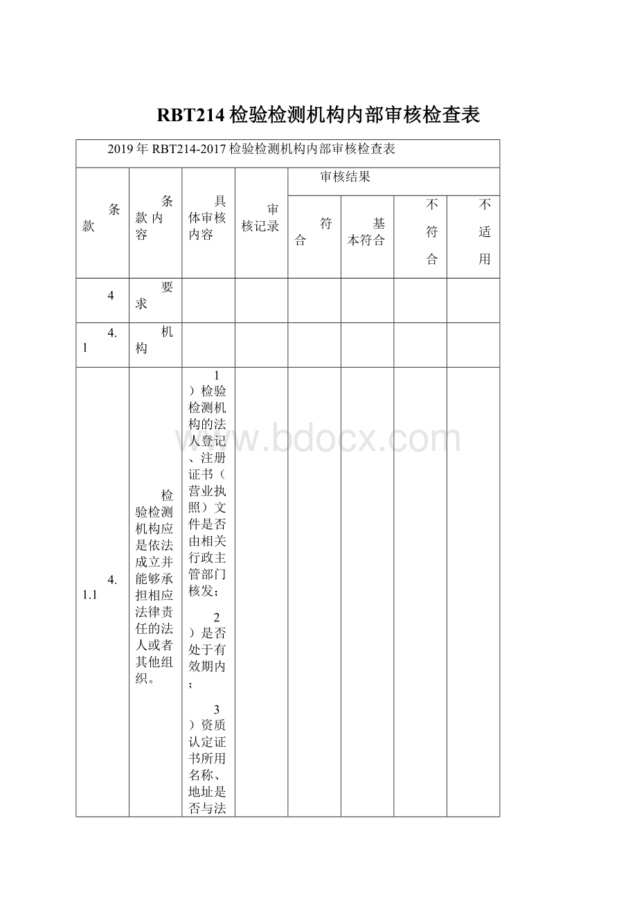 RBT214检验检测机构内部审核检查表Word下载.docx_第1页