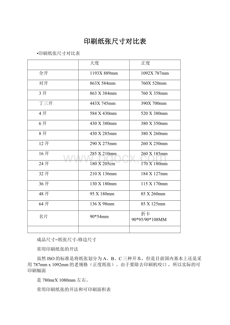 印刷纸张尺寸对比表Word文档下载推荐.docx