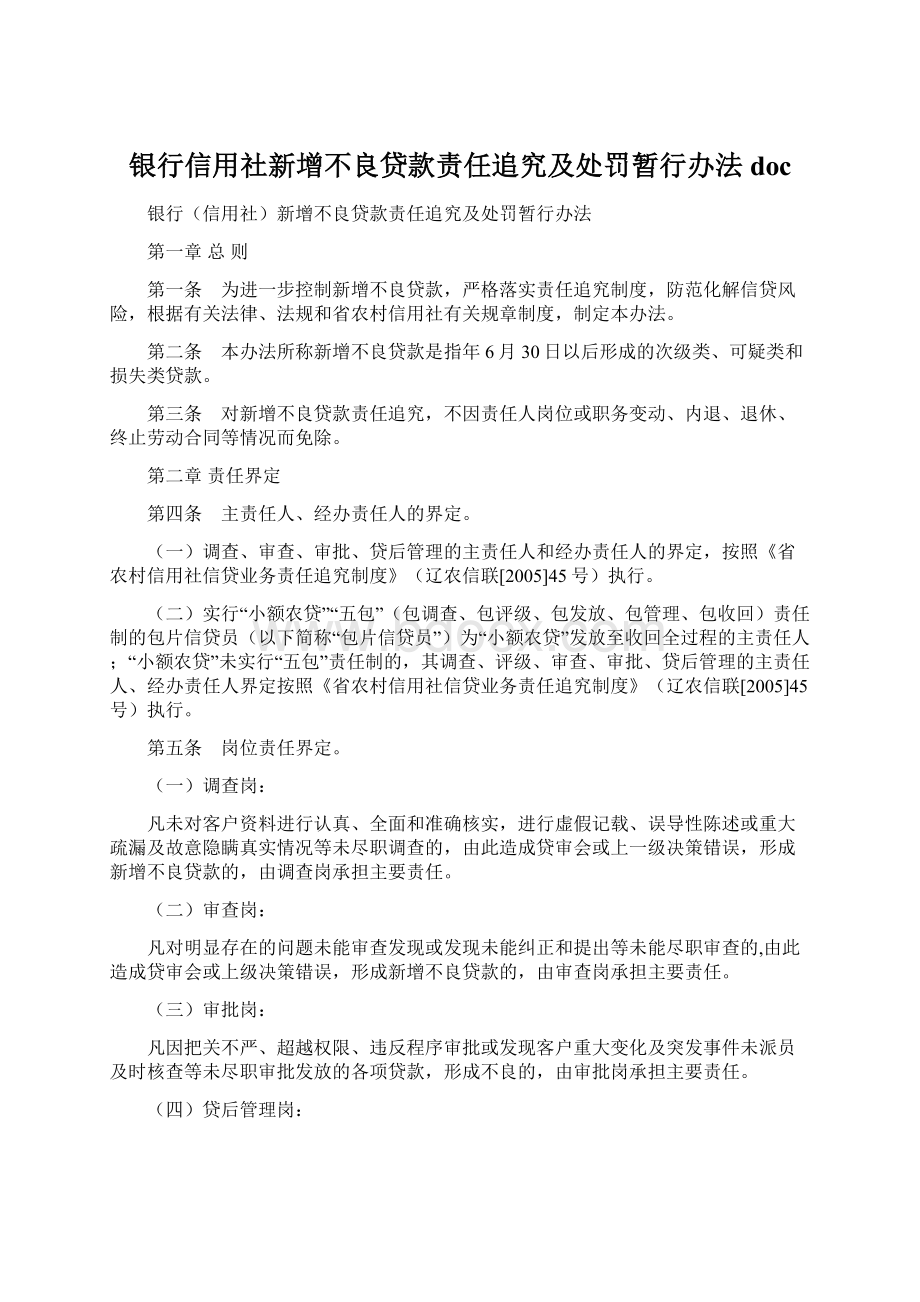 银行信用社新增不良贷款责任追究及处罚暂行办法docWord下载.docx