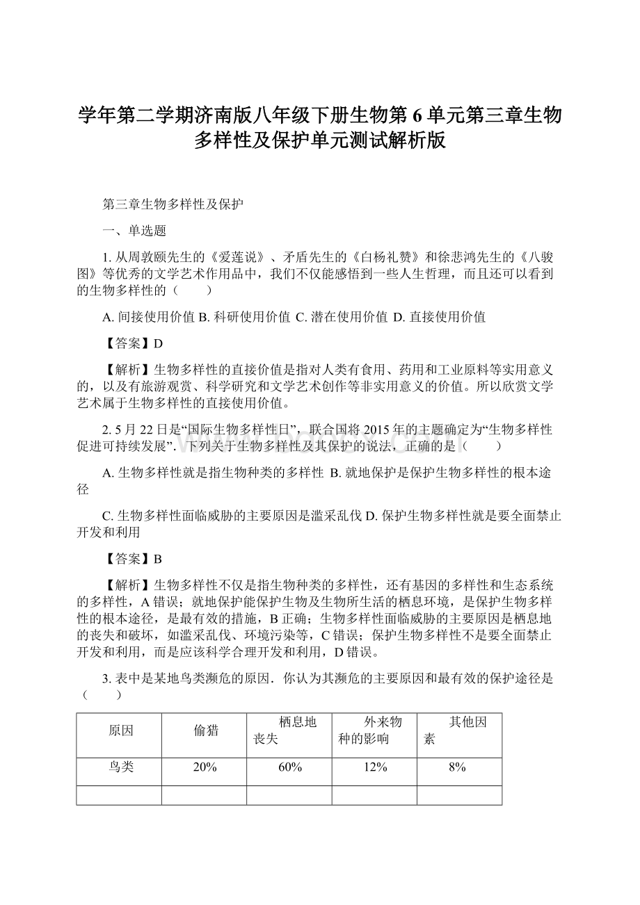 学年第二学期济南版八年级下册生物第6单元第三章生物多样性及保护单元测试解析版Word文档下载推荐.docx