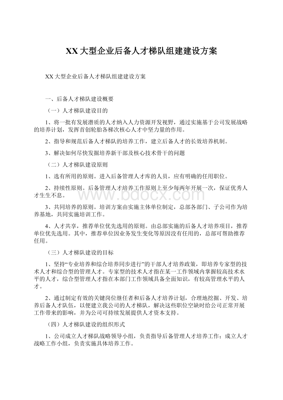 XX大型企业后备人才梯队组建建设方案文档格式.docx