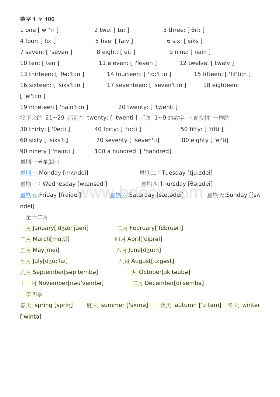 英语单词数字1至100(带音标).docx