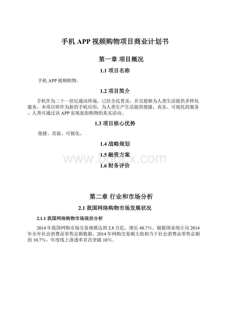 手机APP视频购物项目商业计划书文档格式.docx_第1页