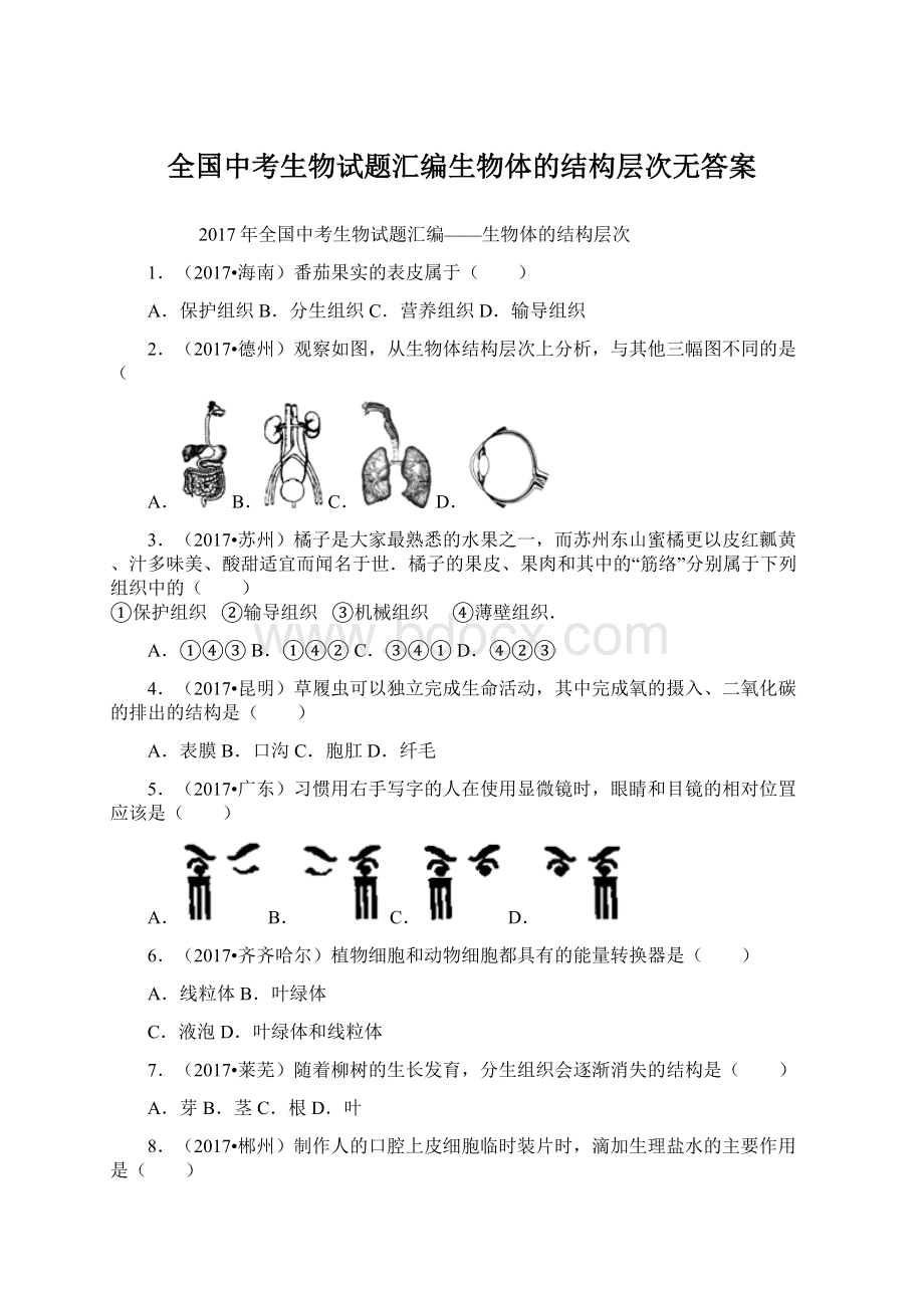 全国中考生物试题汇编生物体的结构层次无答案文档格式.docx