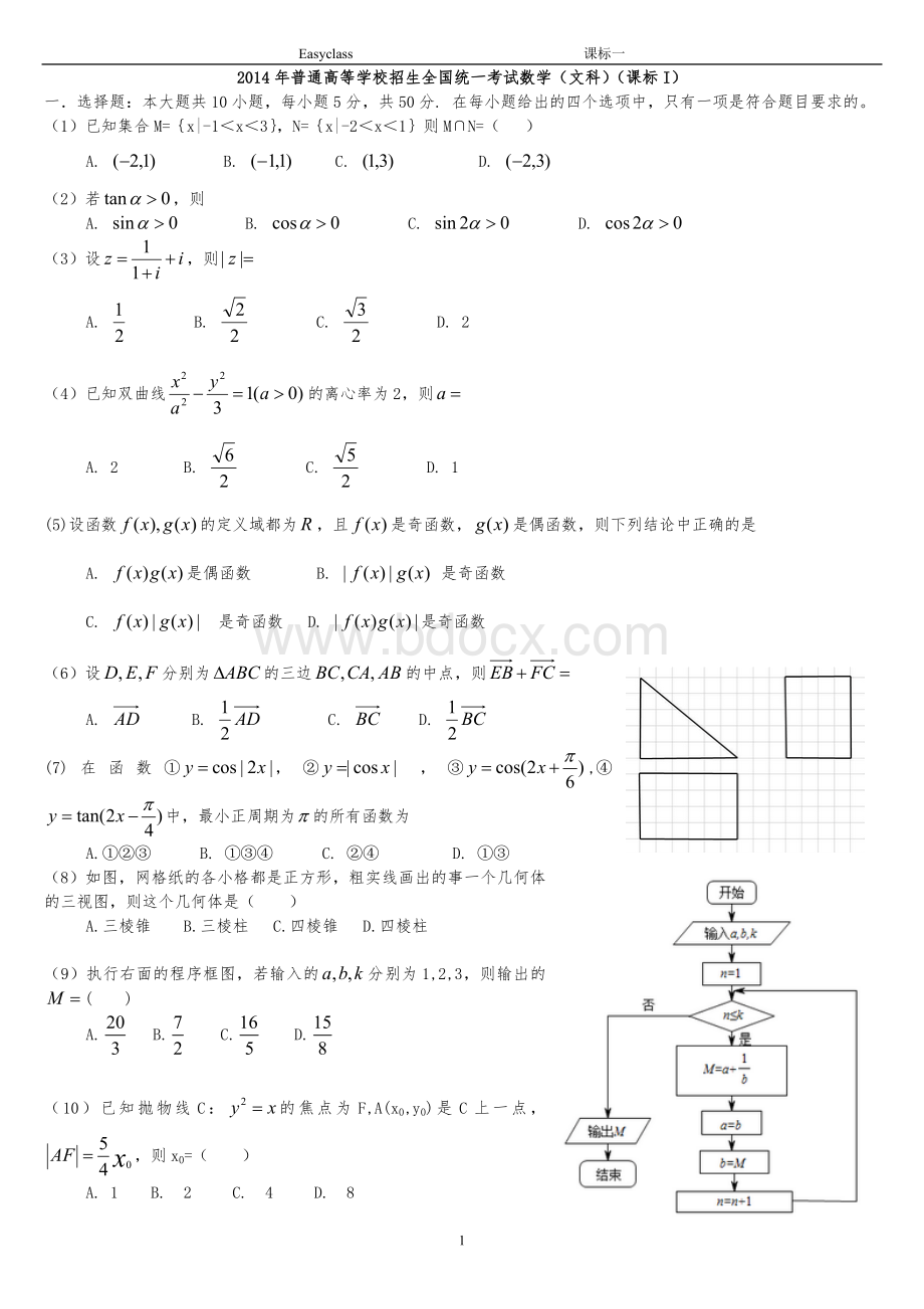 2014年全国高考文科数学试题及答案-新课标1Word格式.doc