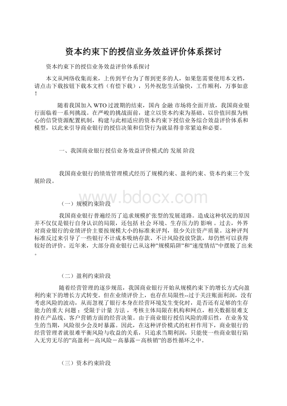 资本约束下的授信业务效益评价体系探讨Word文件下载.docx