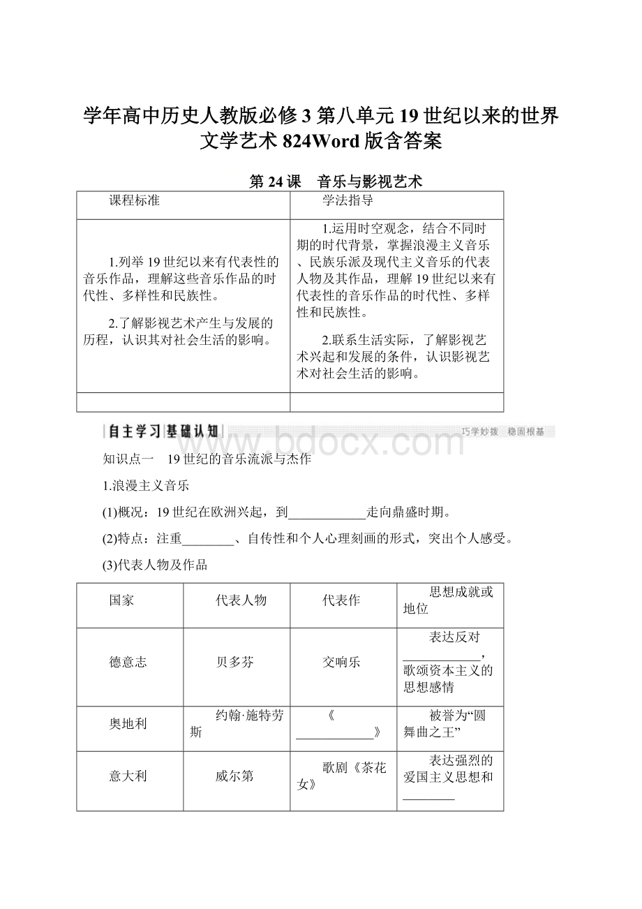 学年高中历史人教版必修3 第八单元19世纪以来的世界文学艺术824Word版含答案.docx