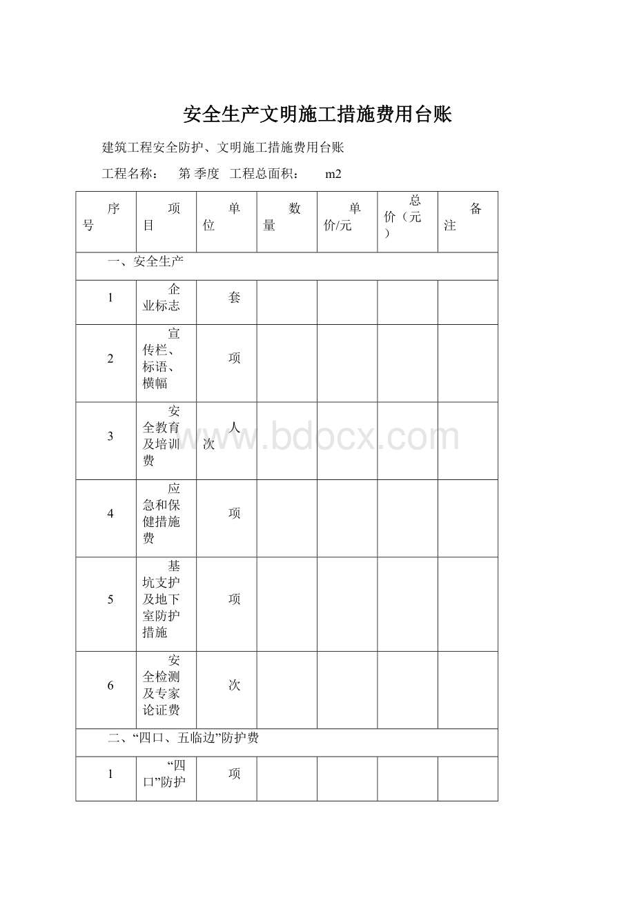 安全生产文明施工措施费用台账Word格式.docx