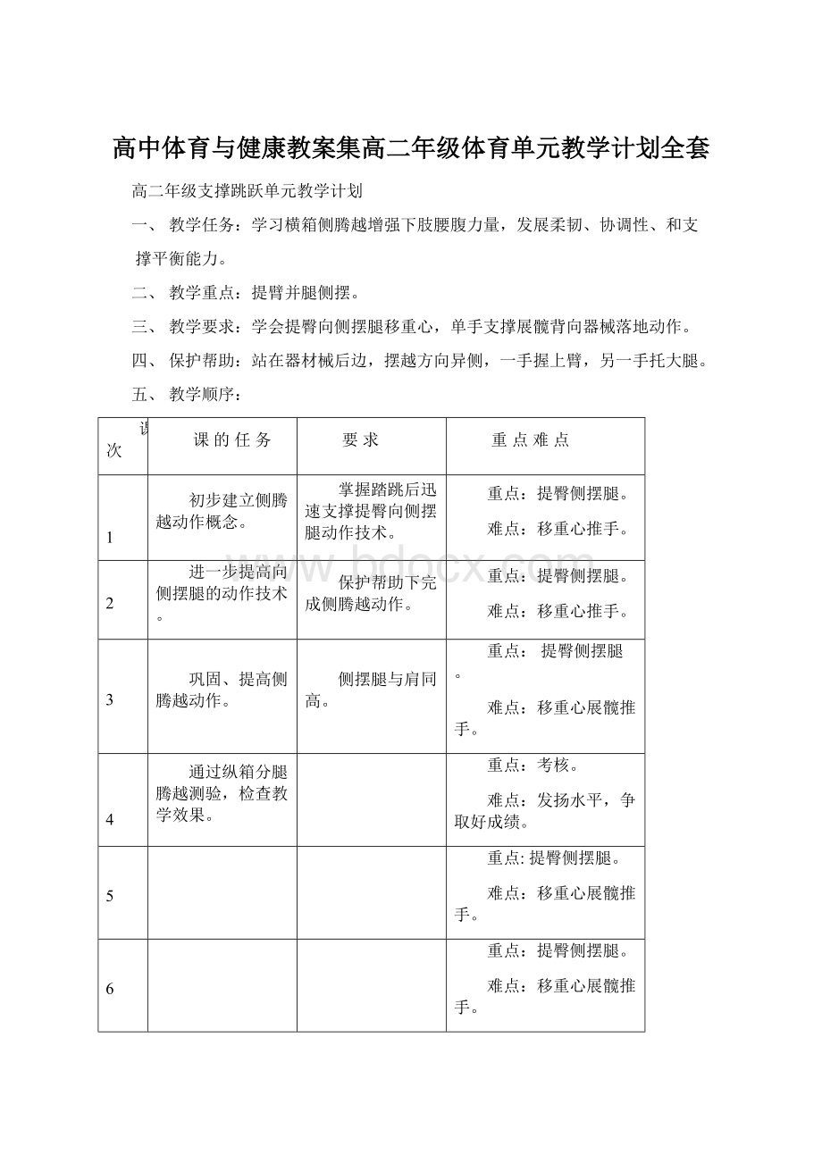 高中体育与健康教案集高二年级体育单元教学计划全套文档格式.docx