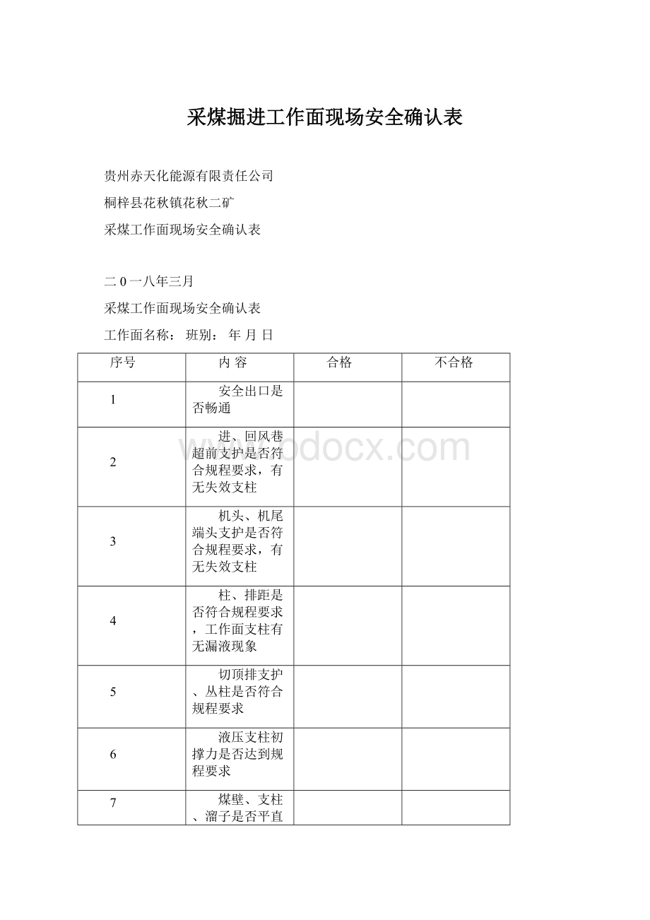 采煤掘进工作面现场安全确认表Word下载.docx_第1页