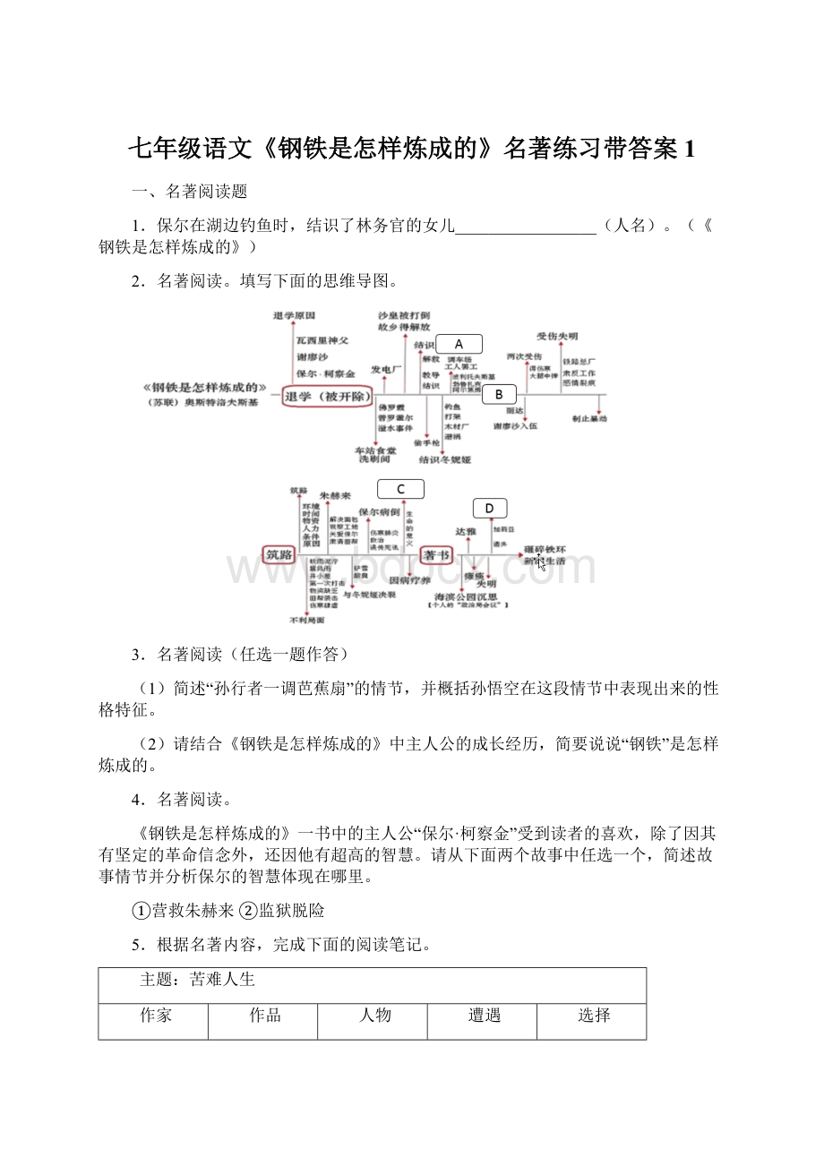 七年级语文《钢铁是怎样炼成的》名著练习带答案1.docx