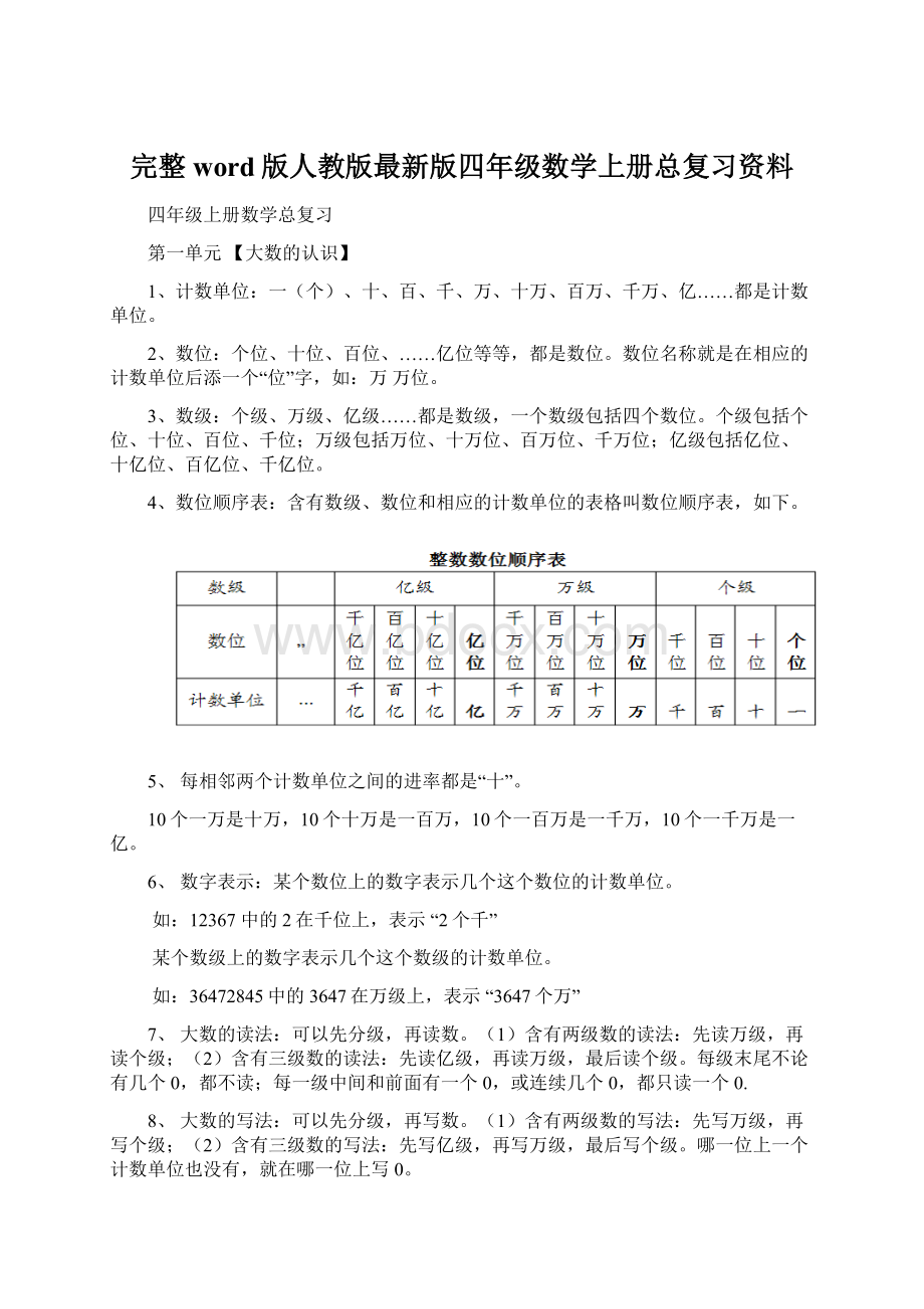 完整word版人教版最新版四年级数学上册总复习资料文档格式.docx