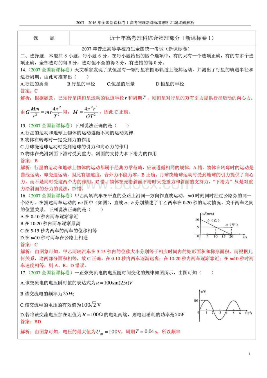 全国新课标卷高考物理新课标卷解析汇编逐题解析.pdf