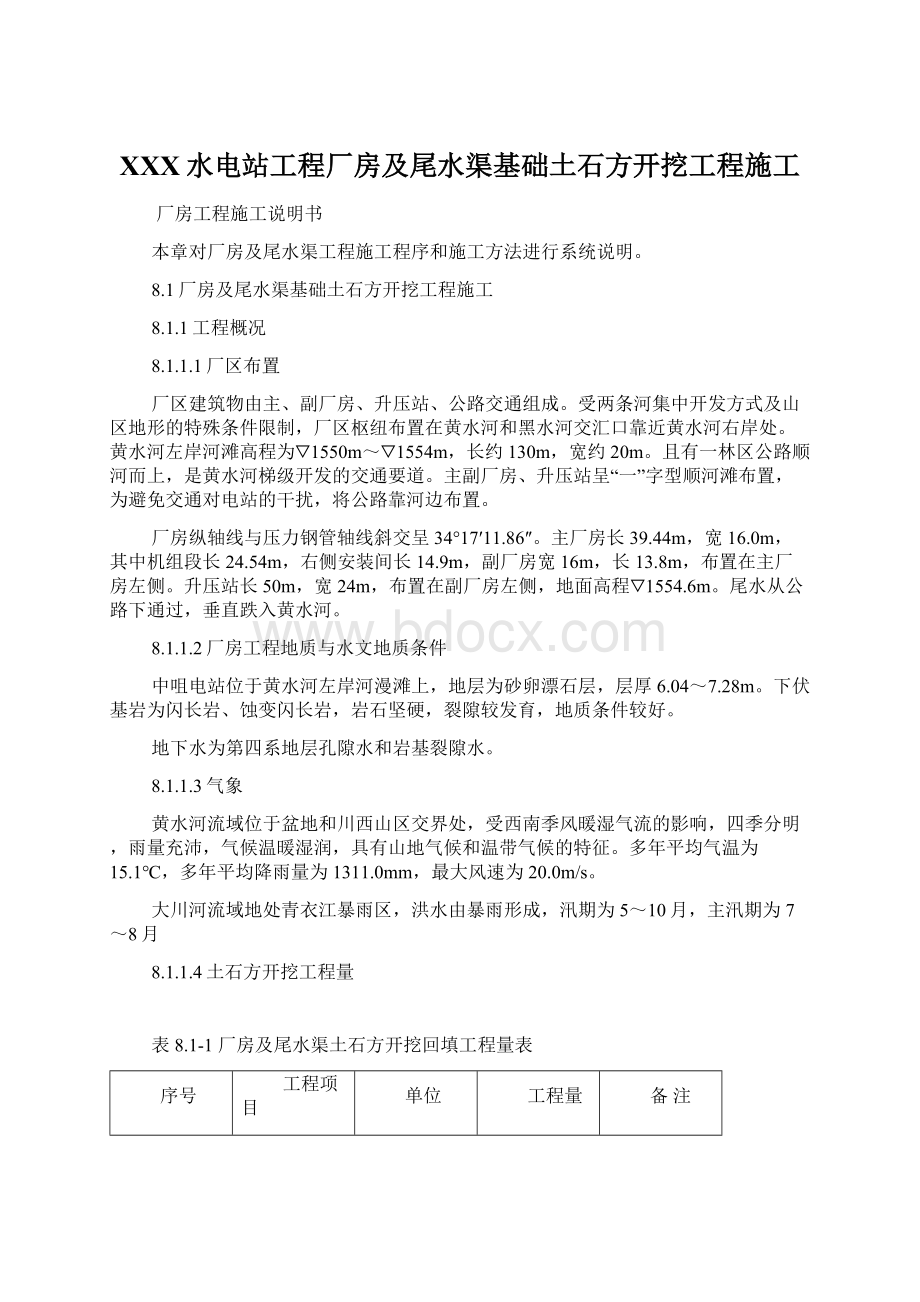 XXX水电站工程厂房及尾水渠基础土石方开挖工程施工.docx