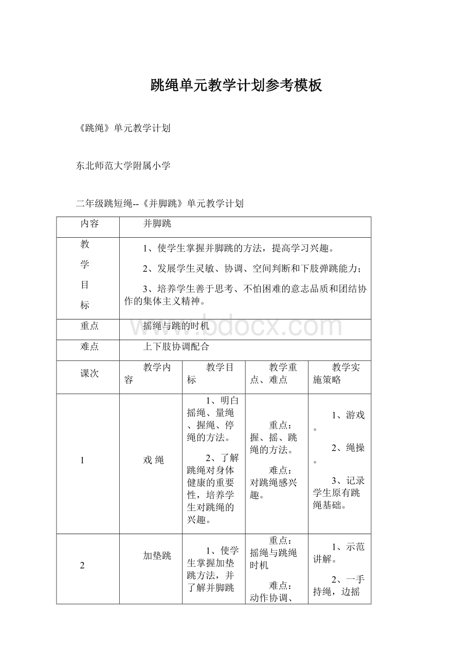 跳绳单元教学计划参考模板.docx