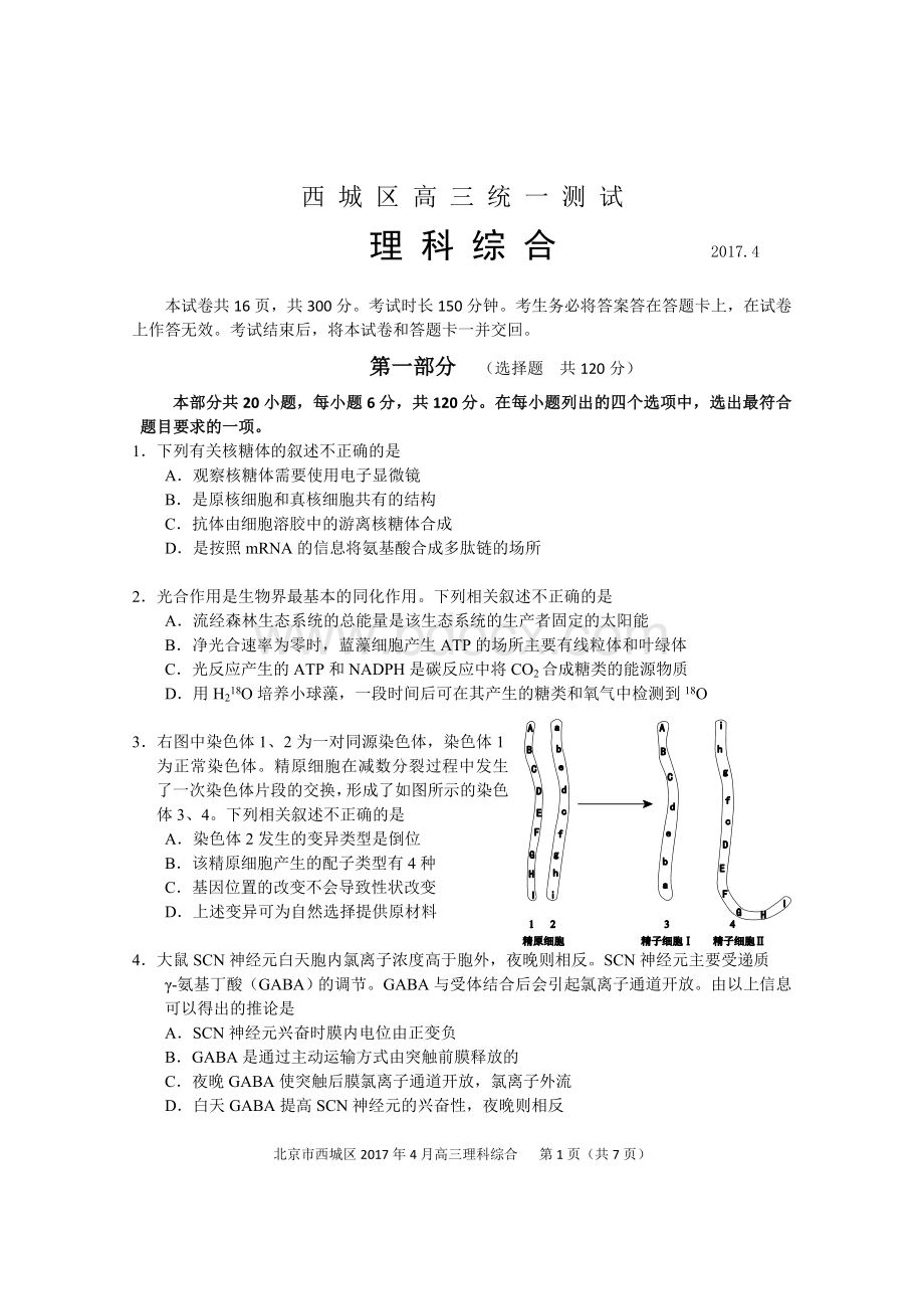 西城一模生物试题Word下载.doc