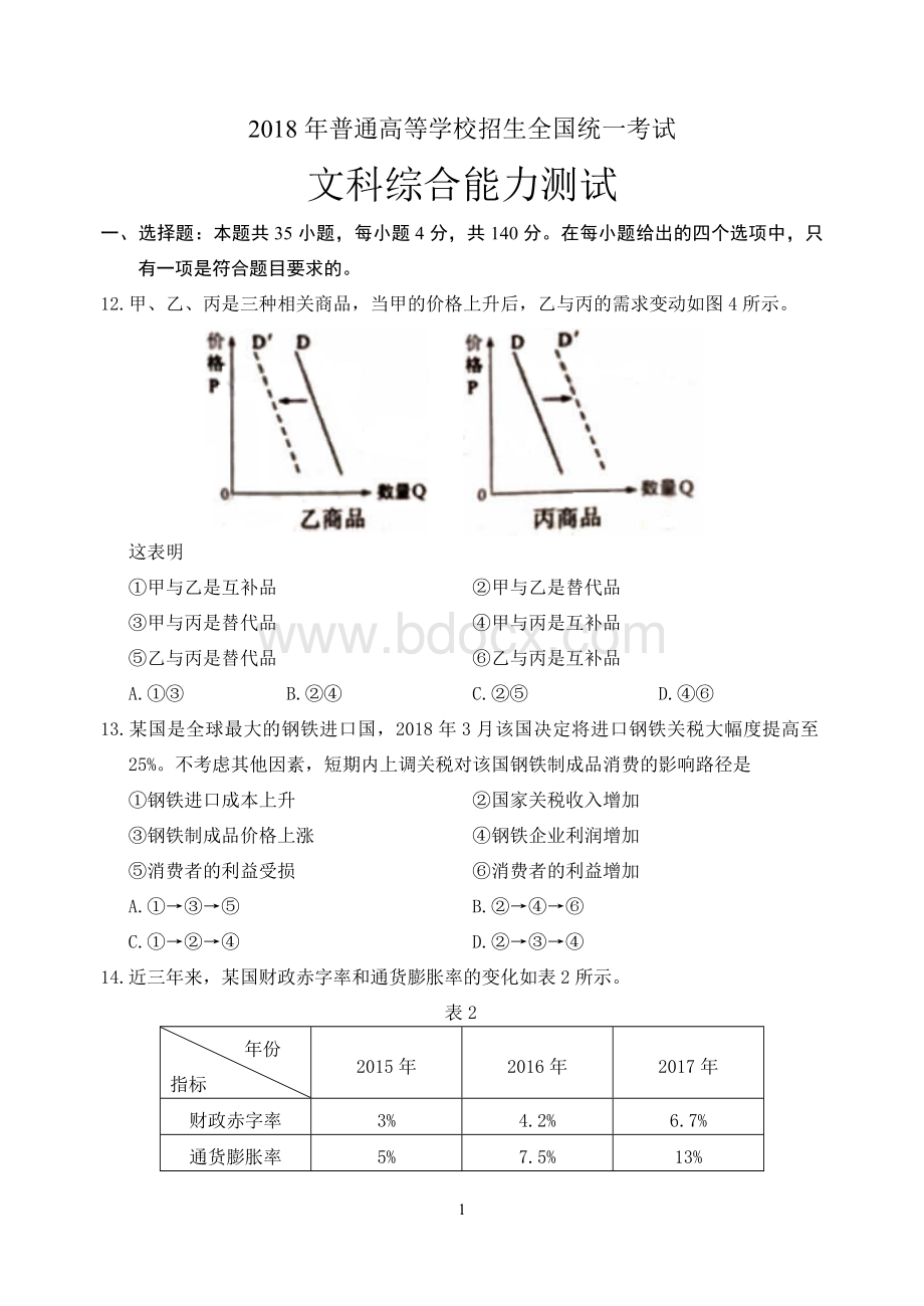 全国卷Ⅱ文综政治试题含答案.doc_第1页