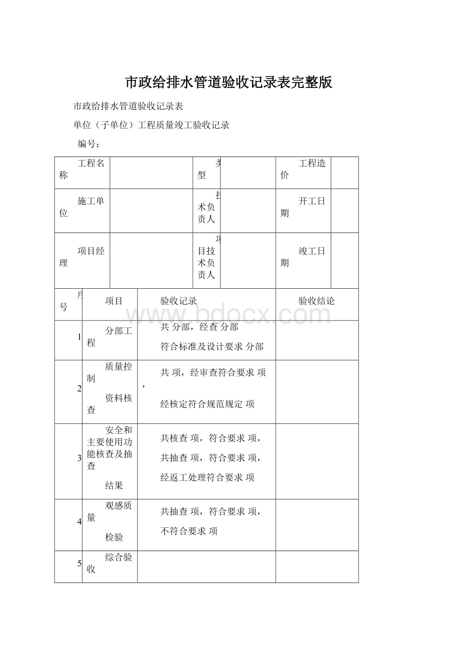 市政给排水管道验收记录表完整版文档格式.docx_第1页