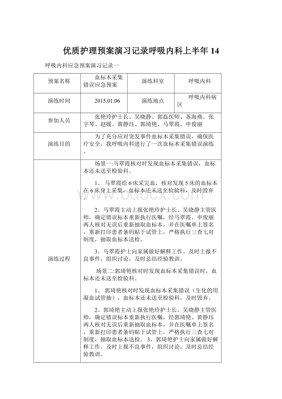 优质护理预案演习记录呼吸内科上半年14.docx_第1页