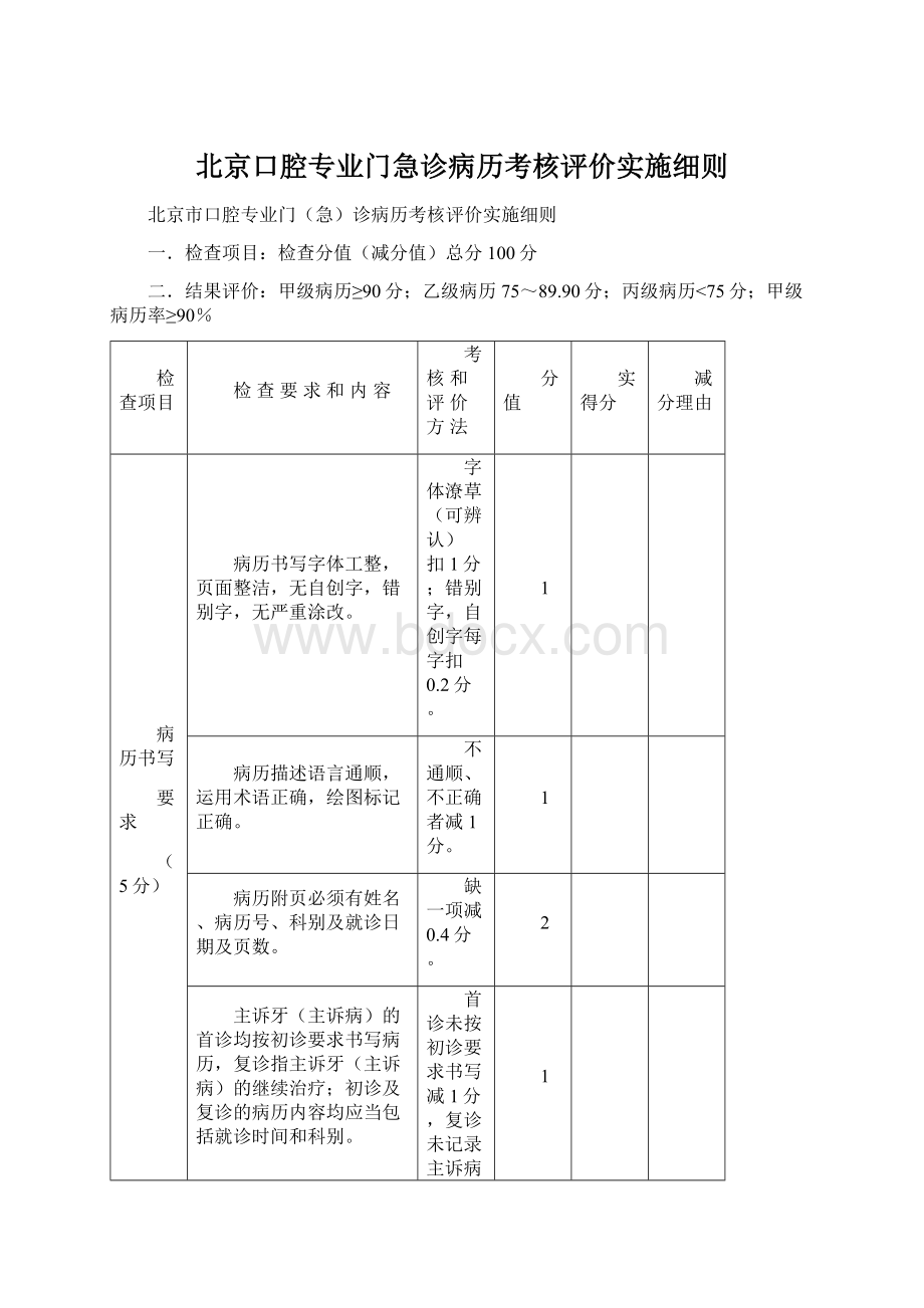 北京口腔专业门急诊病历考核评价实施细则Word格式.docx