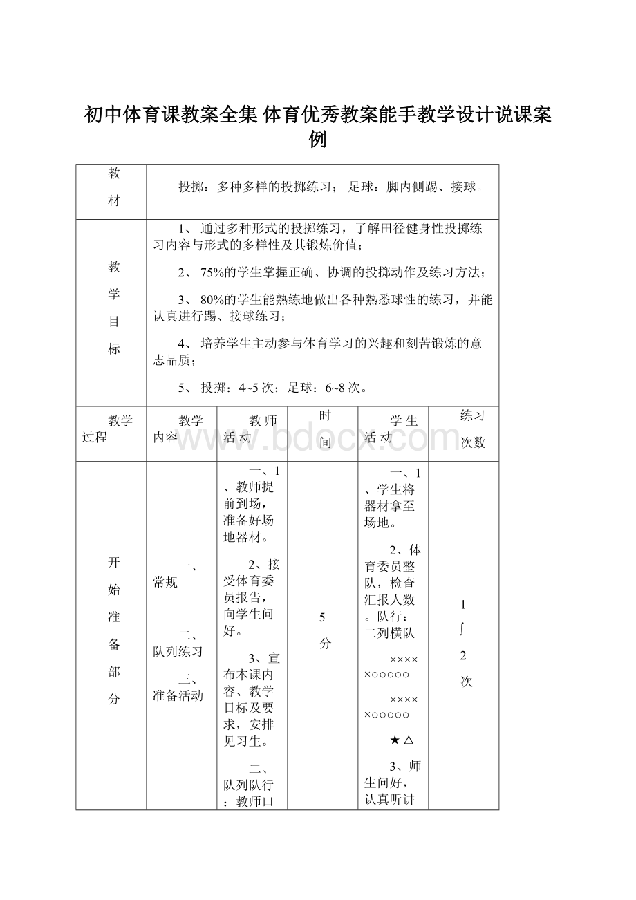 初中体育课教案全集体育优秀教案能手教学设计说课案例.docx_第1页