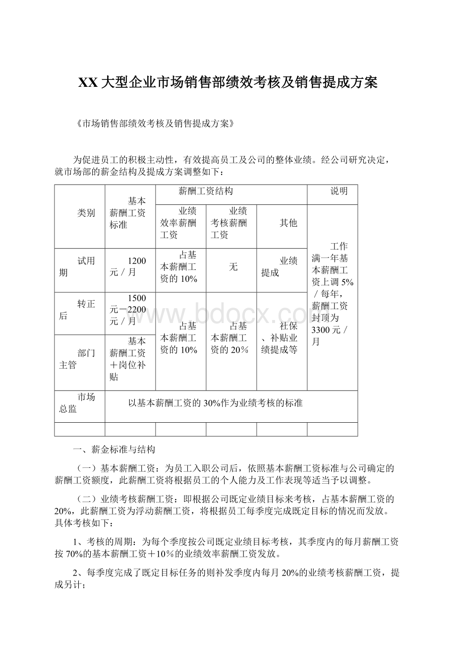 XX大型企业市场销售部绩效考核及销售提成方案文档格式.docx_第1页